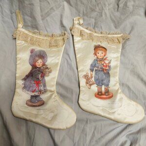 Giordano Vtg 1986 Satin & Lace Victorian Boy/Girl Christmas Stockings-Set of 2